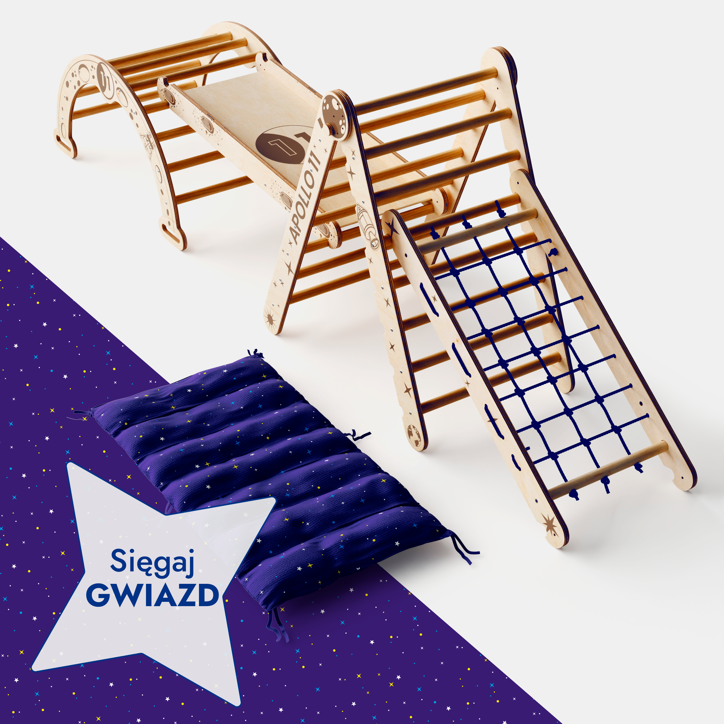 Apollo 5in1 Climbing Set: Pikler Triangle, Net, Arch, Slide Board, and Cushion for Little Astronauts-3